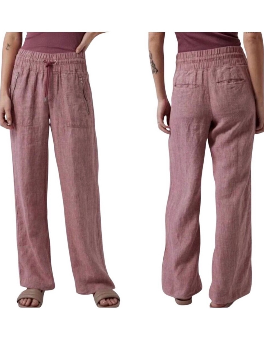 Athleta Wide-Leg Drawstring Linen-Blend Pants - Dusty Rose
